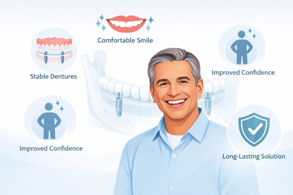 comfortable smile with snap-in implant dentures