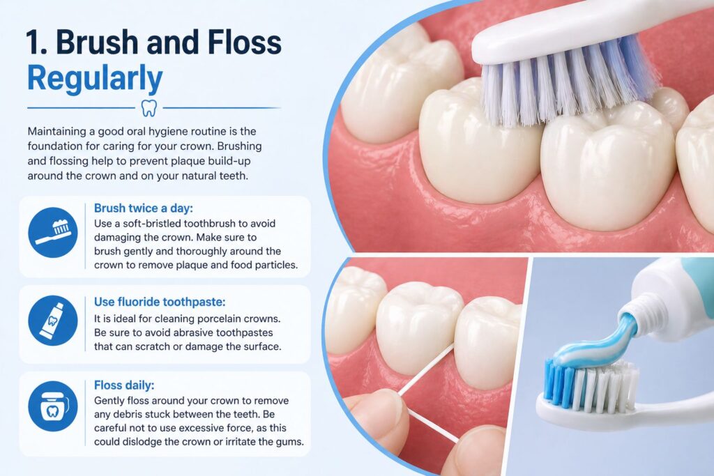 brush and floss regularly to care porcelain crown